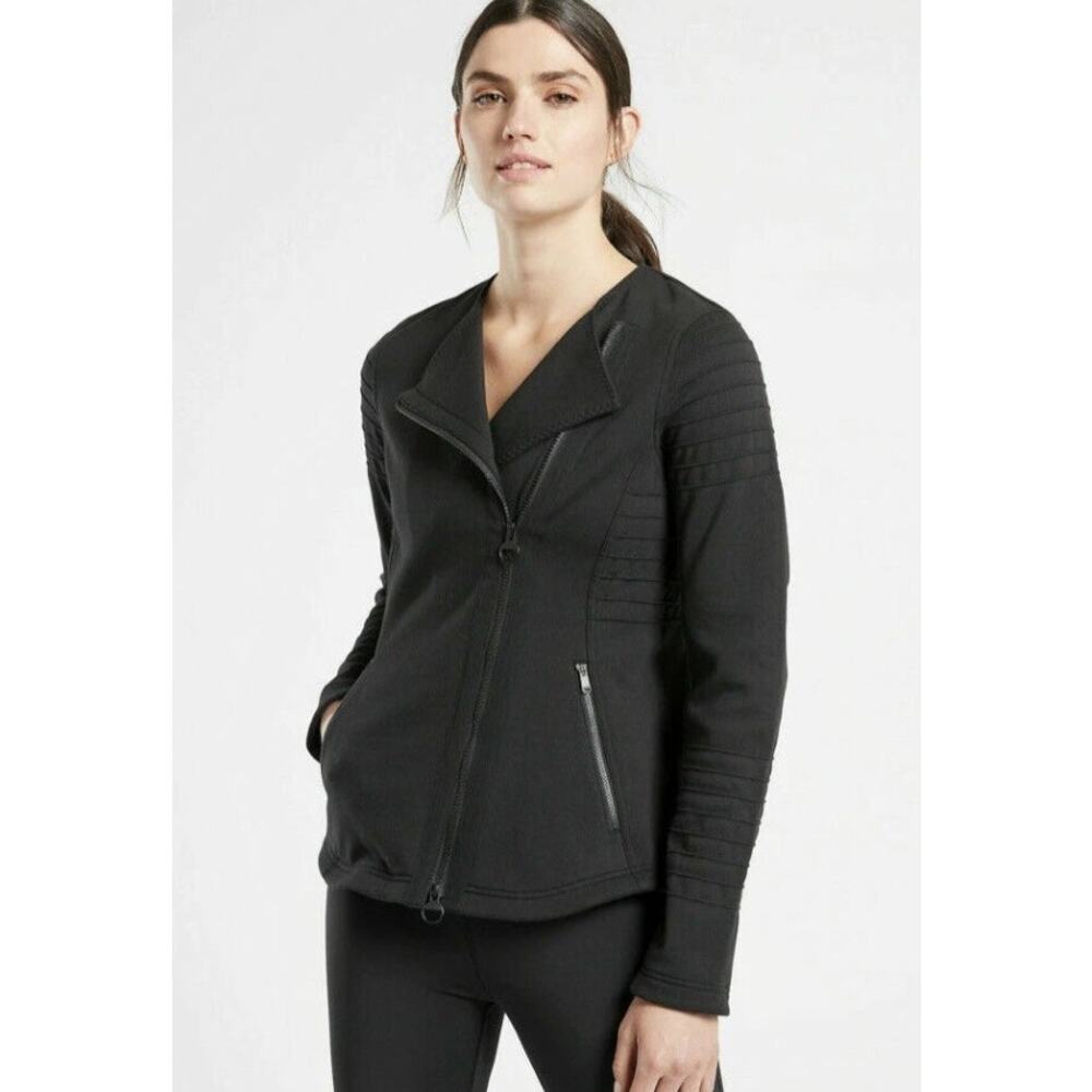 ATHLETA black seam detail cotton blend long sleeve stretch moto athletic jacket